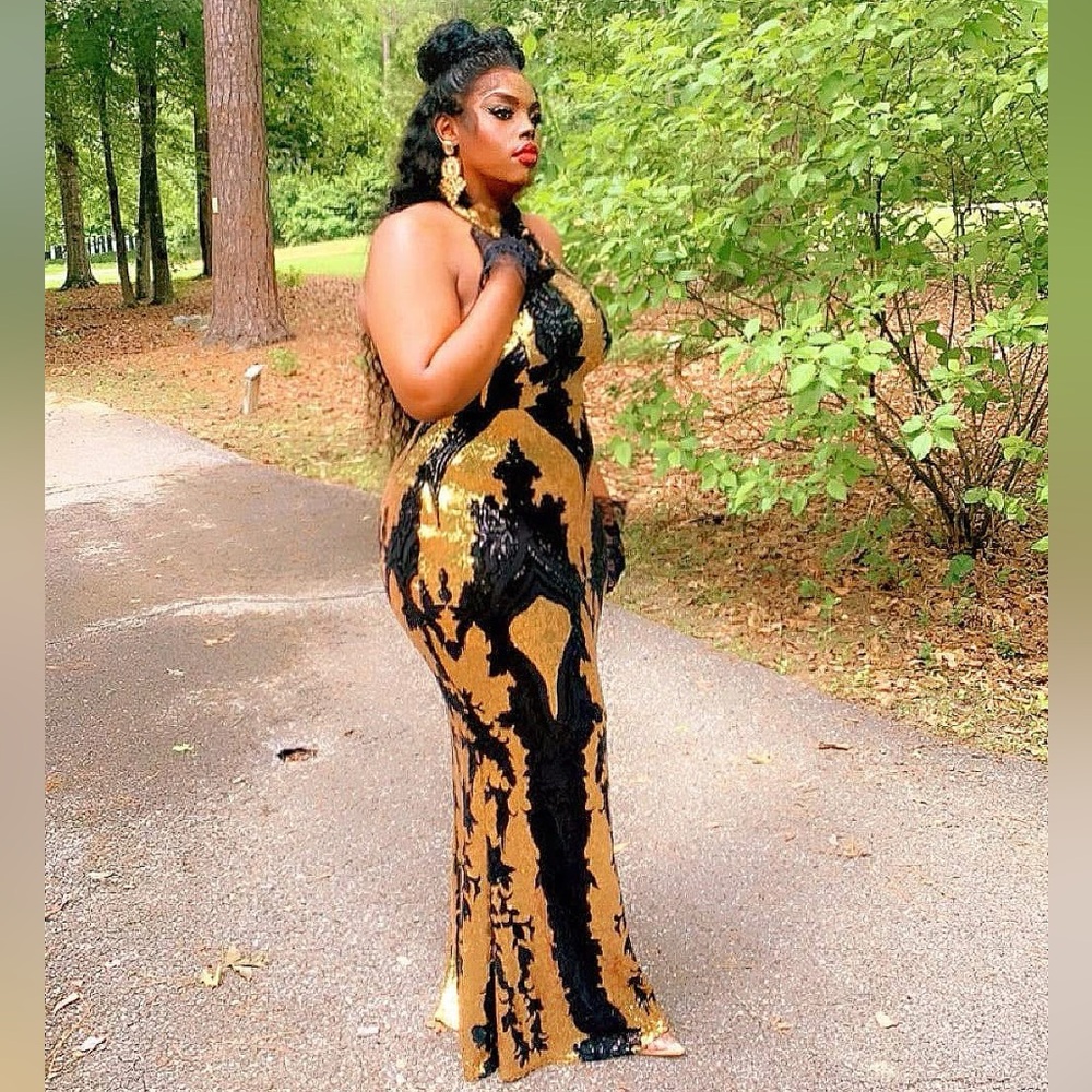 Women Plus Sequin Black & Gold Formal Evening Gown - Picture 2 of 11